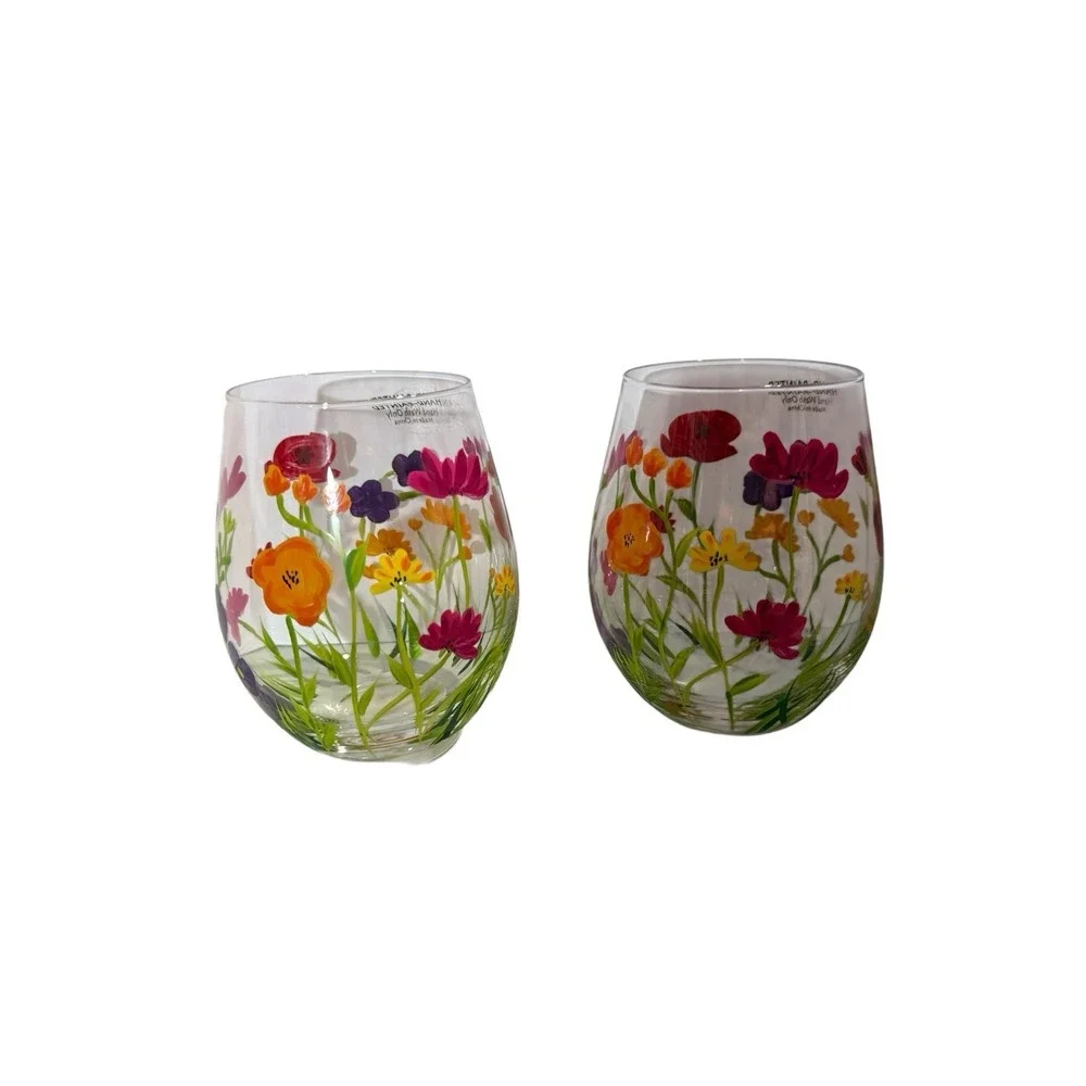 Handpainted Floral Stemless Wine Glasses Set Of Two